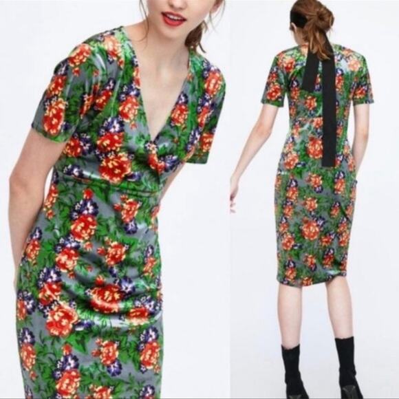 NWT Zara Trafaluc Velvet Floral Midi Dress Green Sz S Knee Length Sheath - Picture 1 of 12